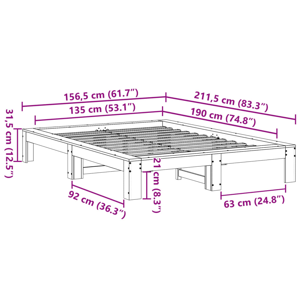 Bed Frame without Mattress 135x190 cm Double Solid Wood Pine