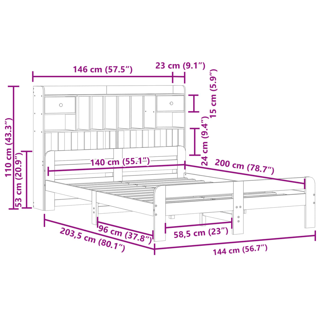 Bookcase Bed without Mattress White 140x200 cm Solid Wood Pine