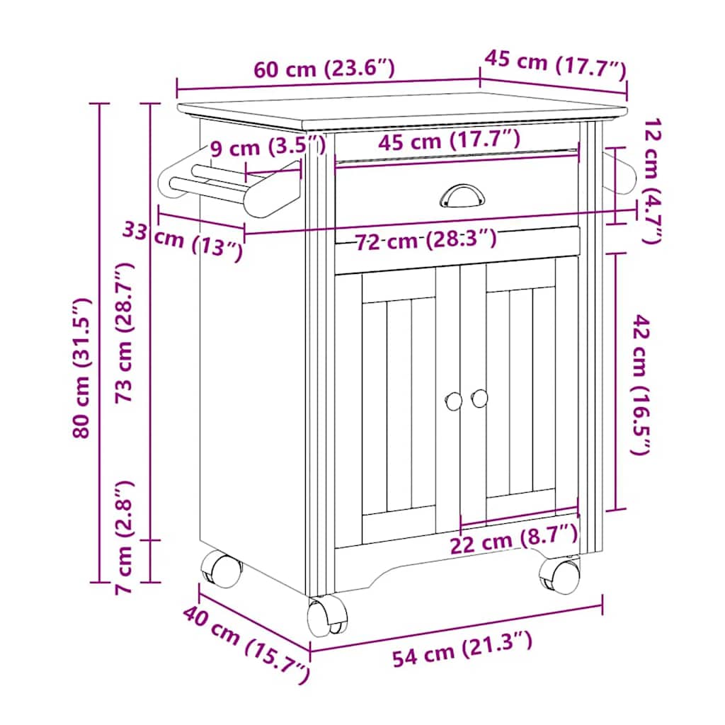 Kitchen Trolley BODO White and Brown 72x45x80 cm