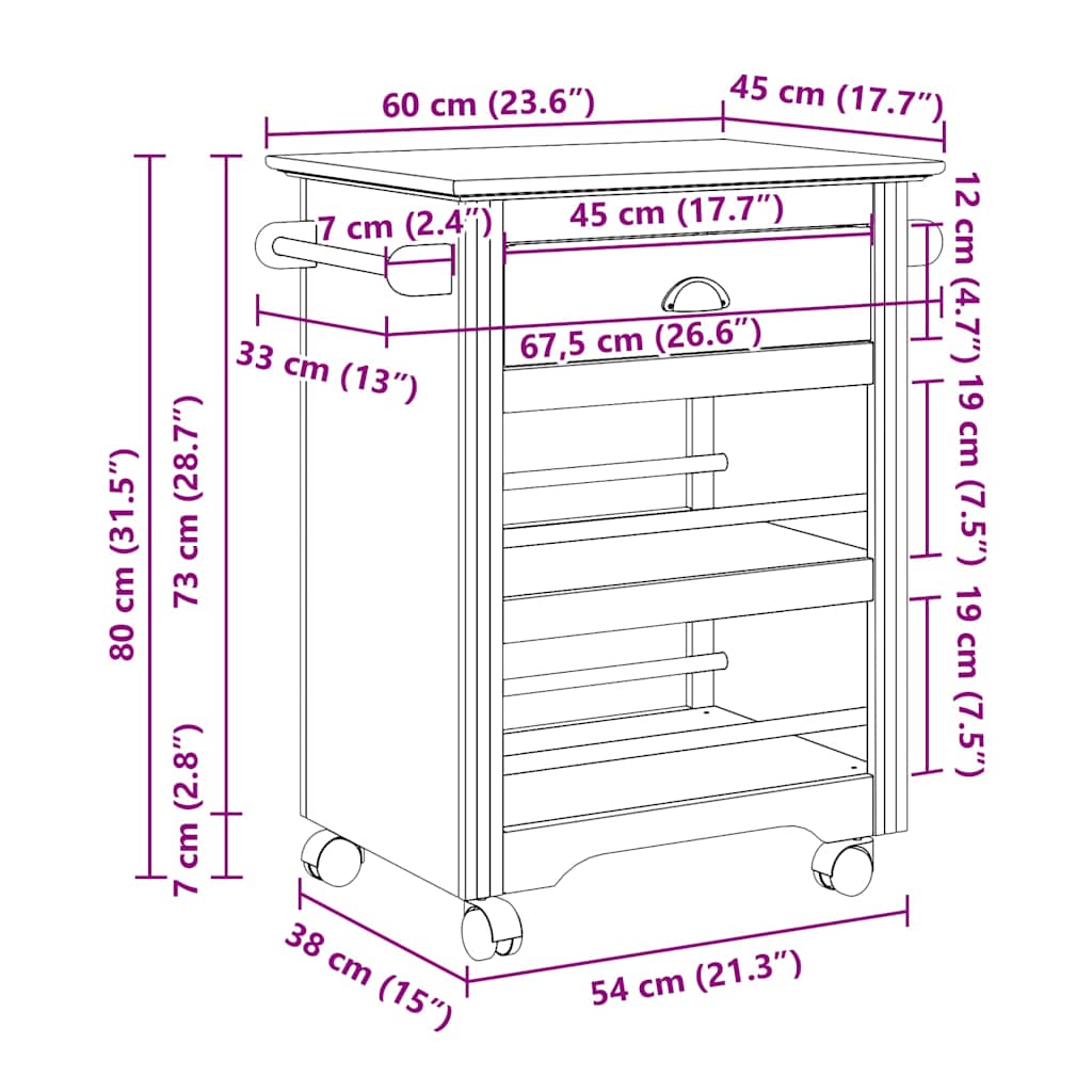 Kitchen Trolley BODO White and Brown 67.5x45x80 cm