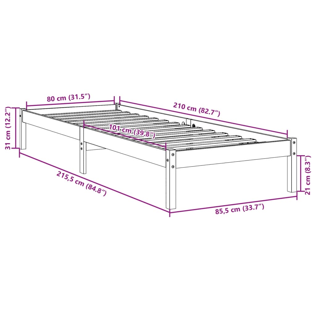 Extra Long Bed Frame without Mattress 80x210 cm Solid Wood Pine