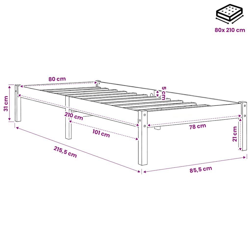 Extra Long Bed Frame without Mattress White 80x210 cm Solid Wood Pine