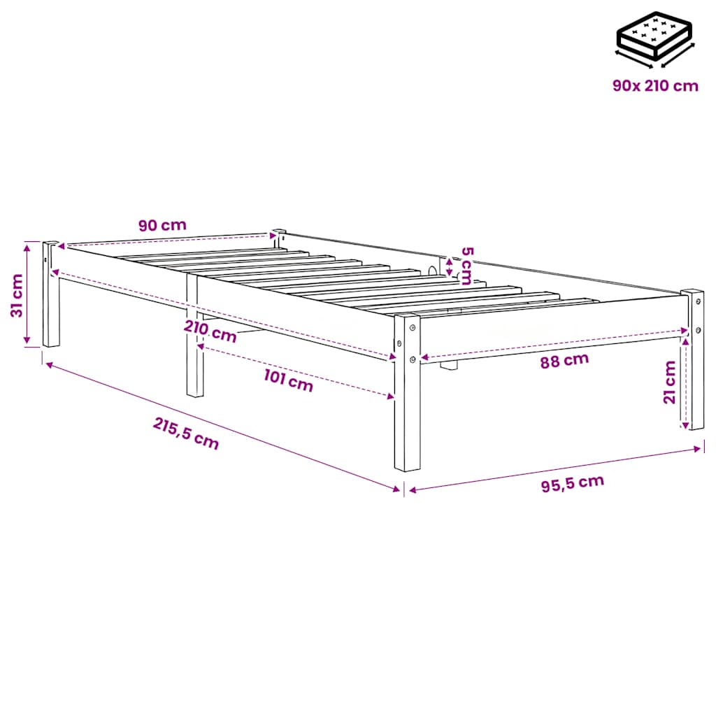 Extra Long Bed Frame without Mattress 90x210 cm Solid Wood Pine