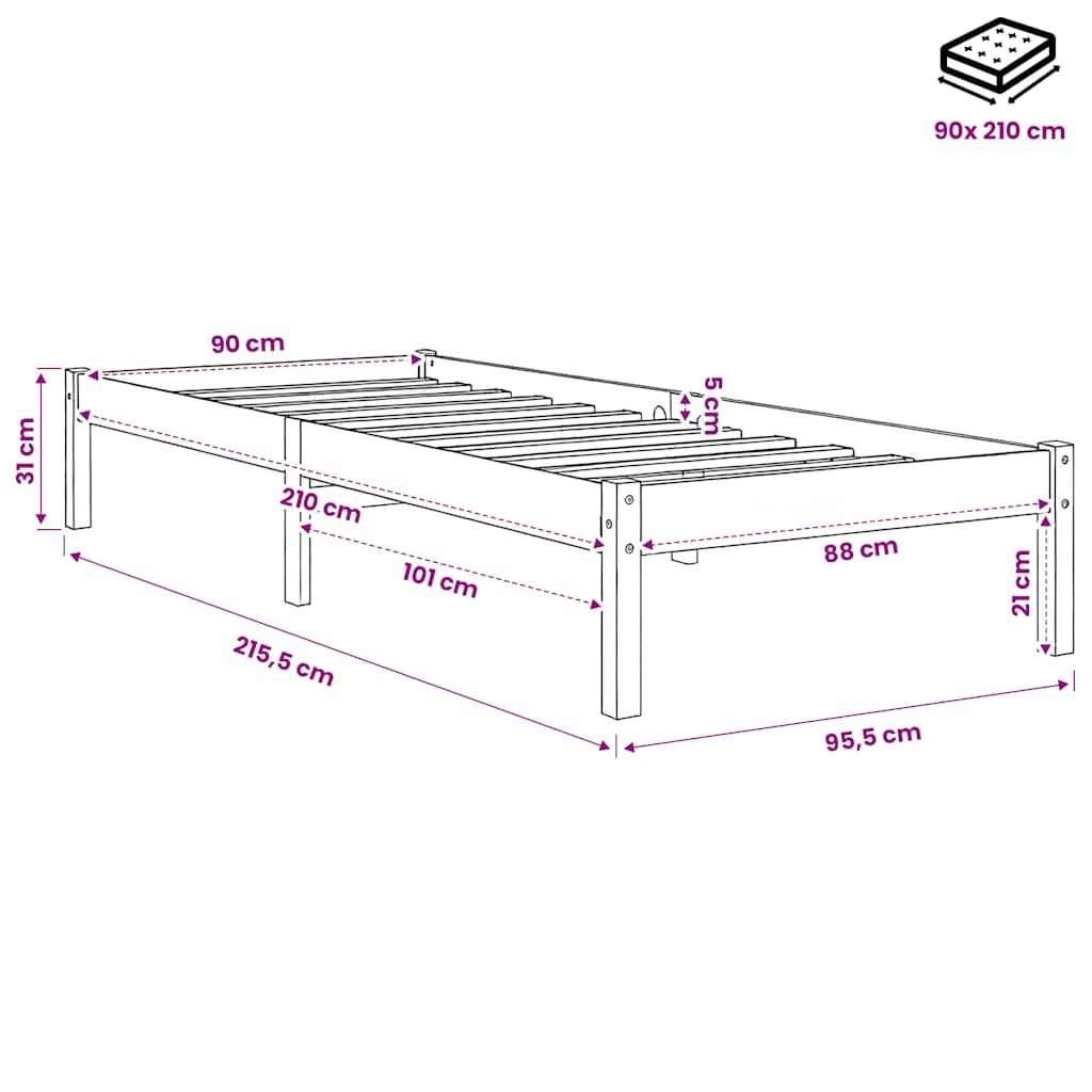 Extra Long Bed Frame without Mattress White 90x210 cm Solid Wood Pine