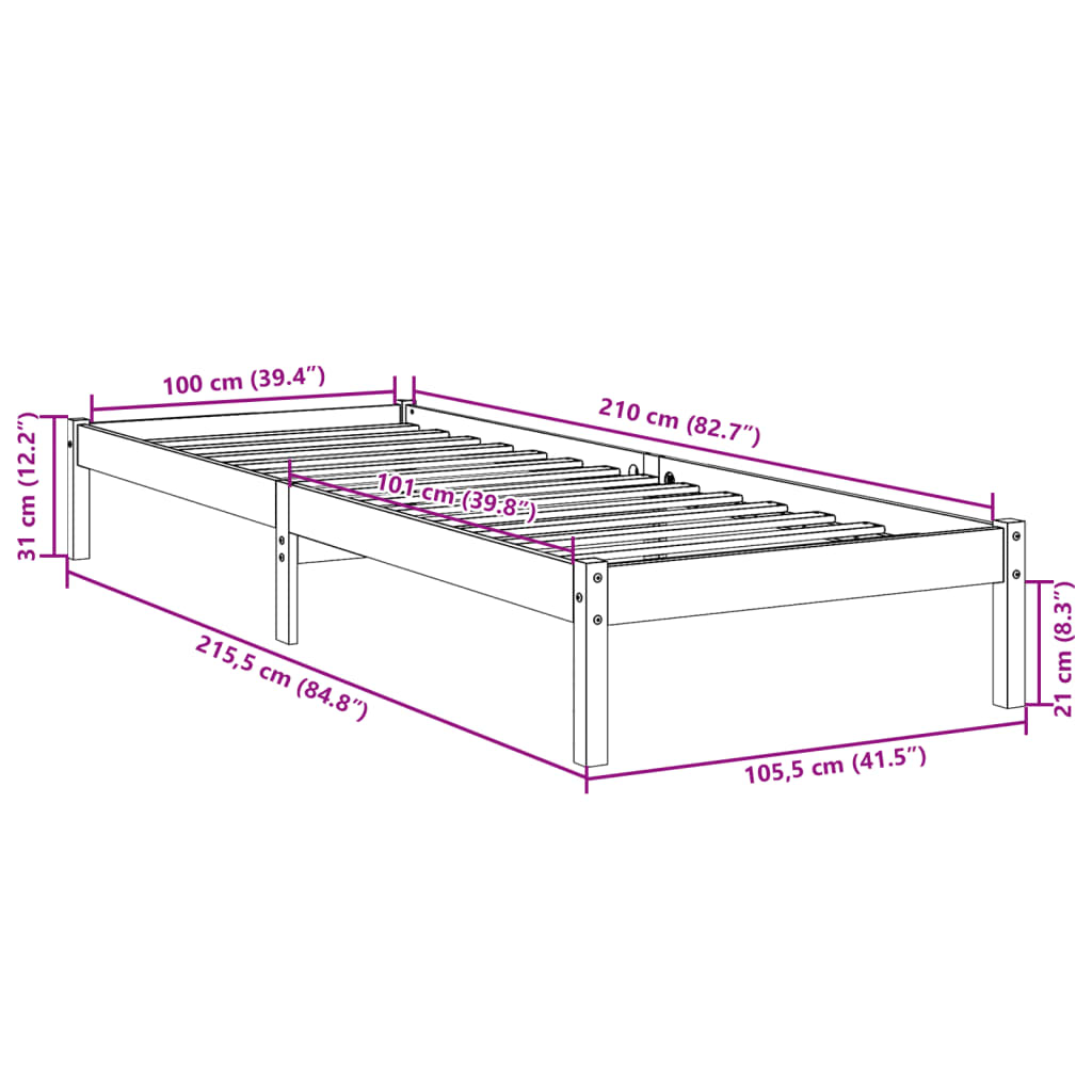 Extra Long Bed Frame without Mattress 100x210 cm Solid Wood Pine