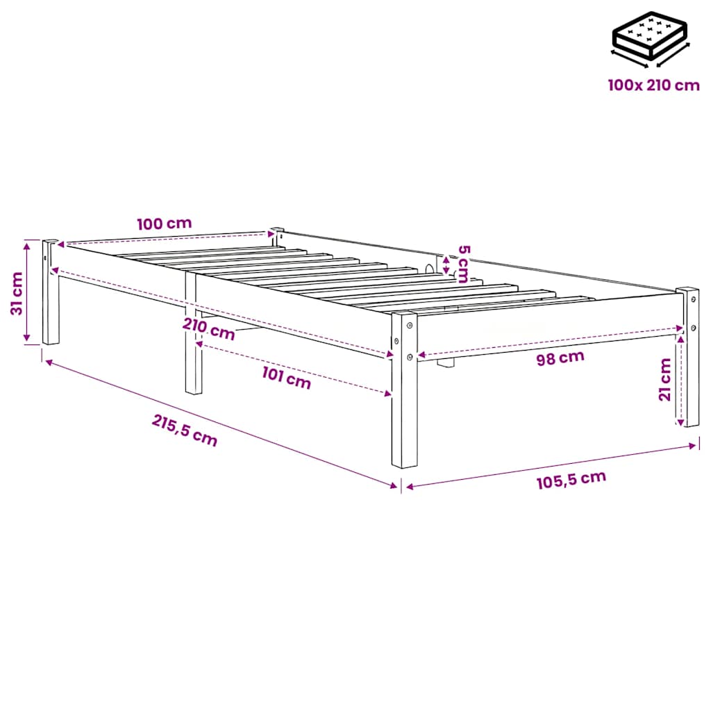 Extra Long Bed Frame without Mattress White 100x210 cm Solid Wood Pine