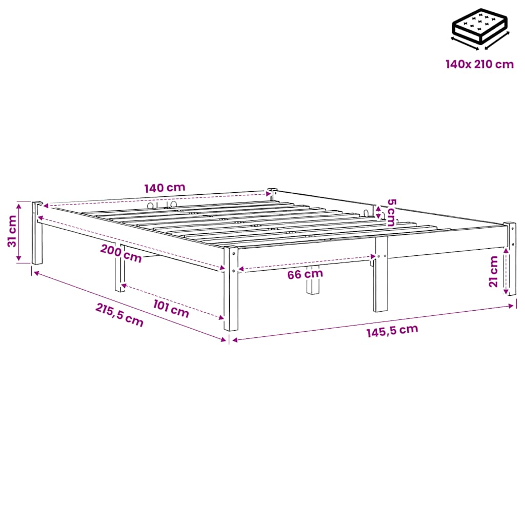 Extra Long Bed Frame without Mattress White 140x210 cm Solid Wood Pine