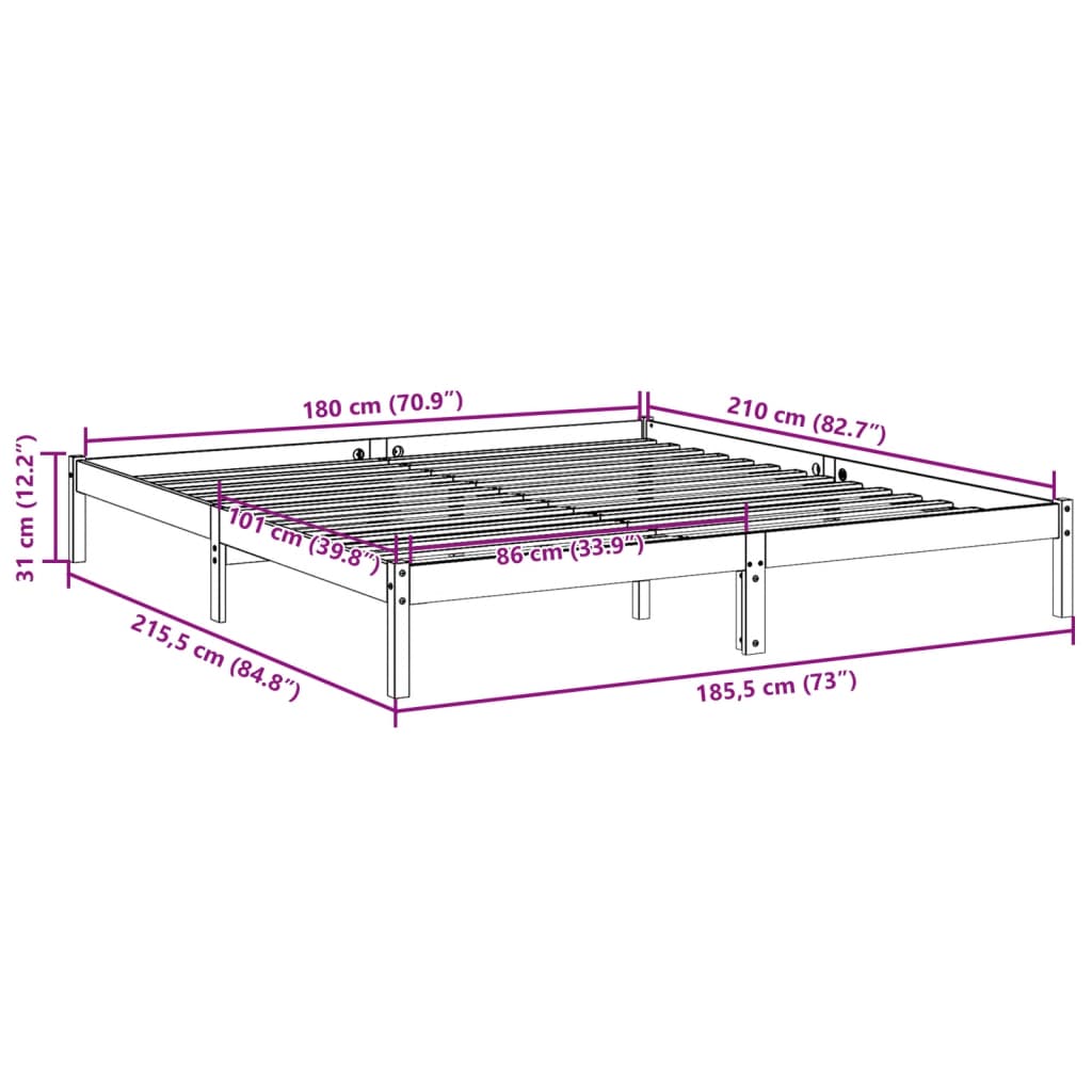 Extra Long Bed Frame without Mattress White 180x210 cm Solid Wood Pine