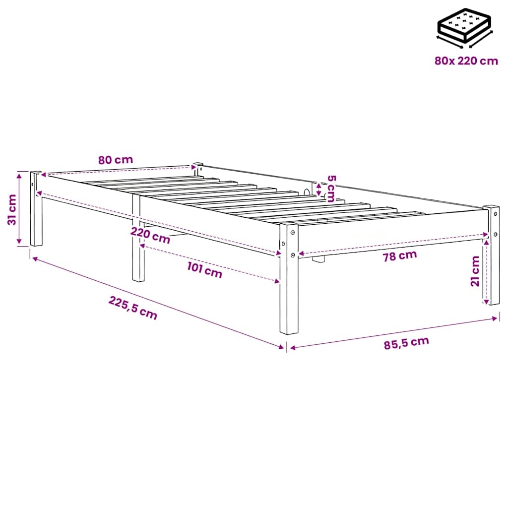 Extra Long Bed Frame without Mattress White 80x220 cm Solid Wood Pine