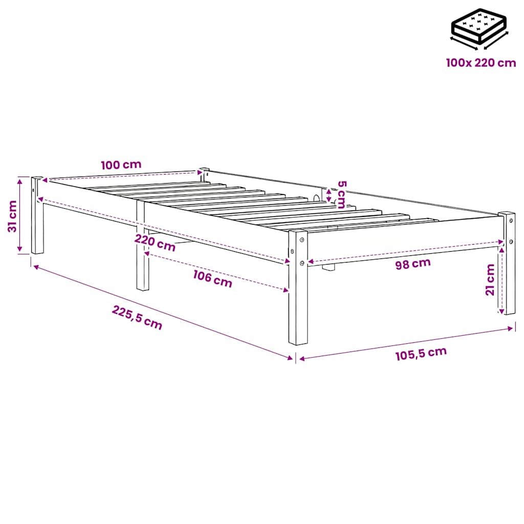 Extra Long Bed Frame without Mattress 100x220 cm Solid Wood Pine
