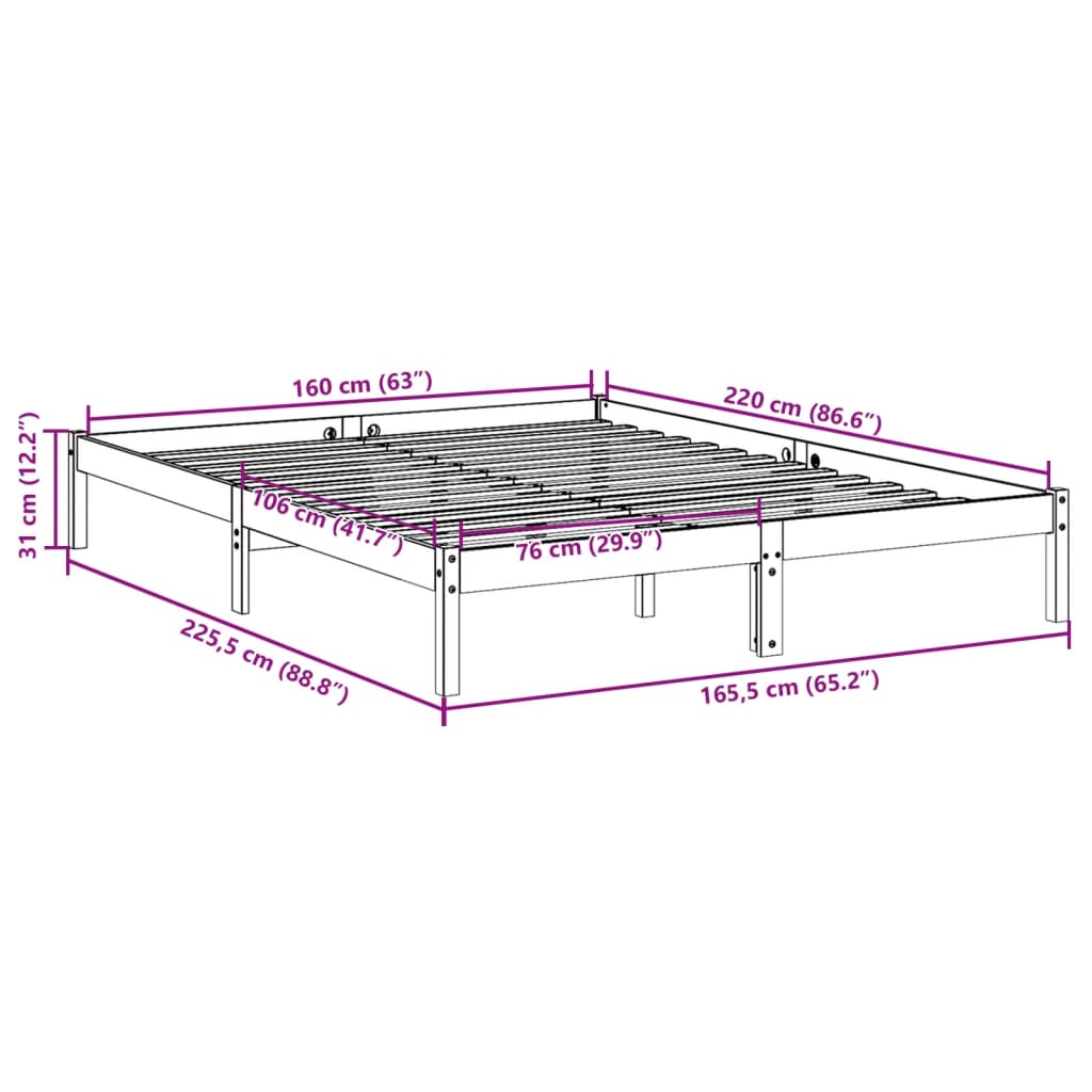 Extra Long Bed Frame without Mattress White 160x220 cm Solid Wood Pine
