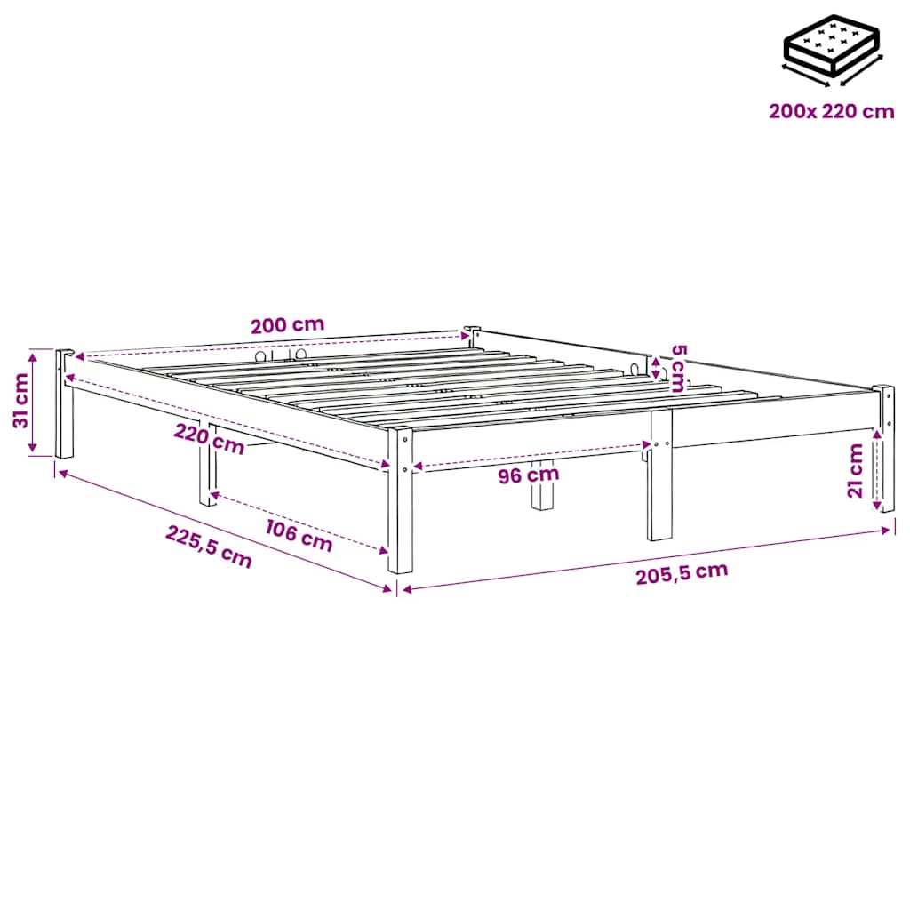 Extra Long Bed Frame without Mattress 200x220 cm Solid Wood Pine