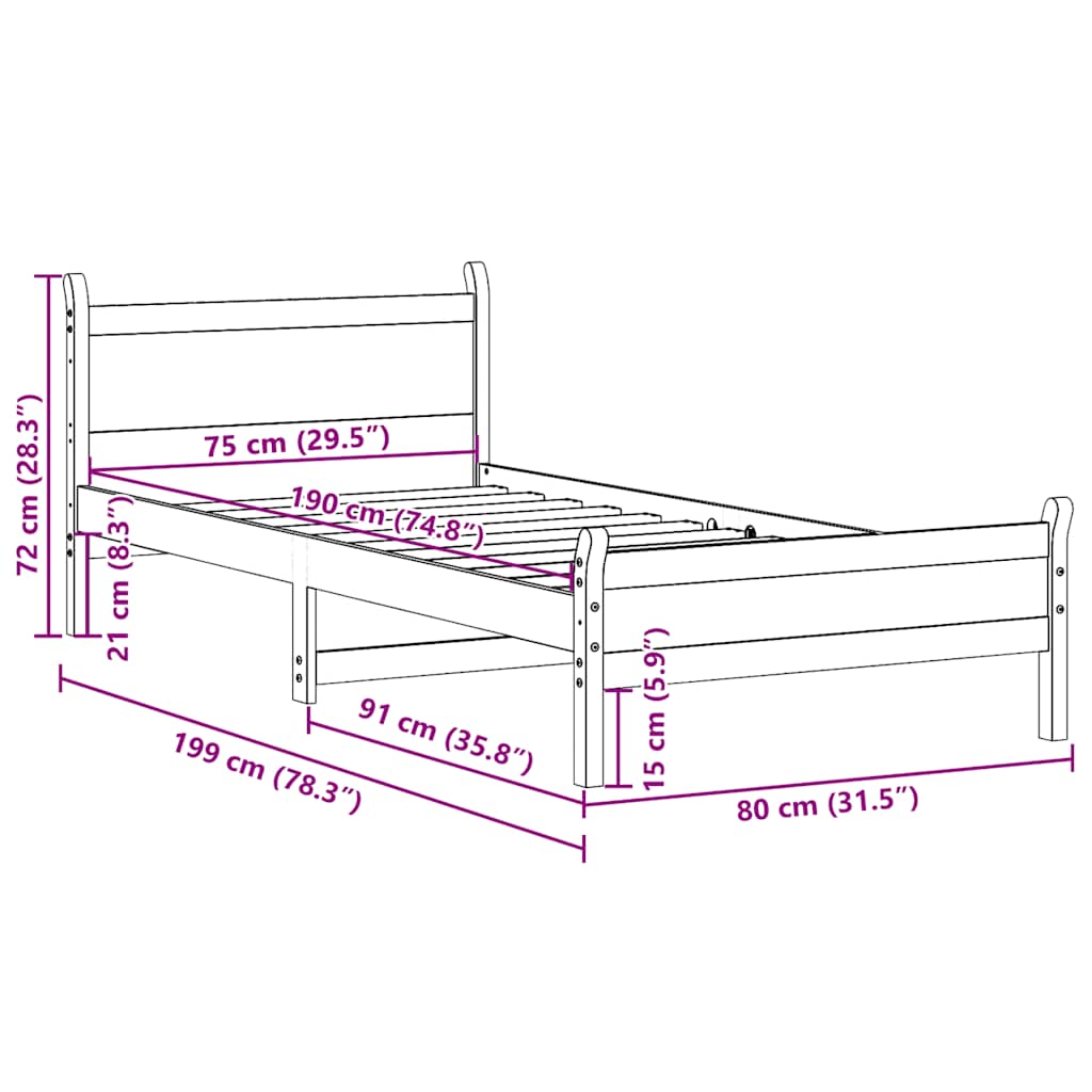 Bed Frame without Mattress Wax Brown 75x190 cm Small Single Solid Wood Pine