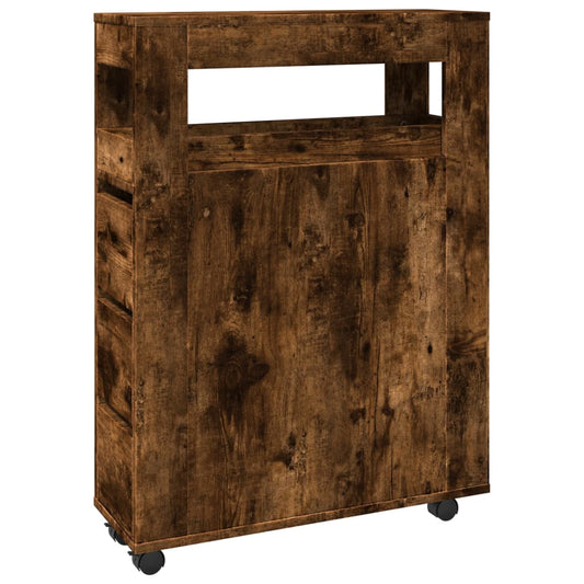 Narrow Bathroom Cabinet with Wheels Smoked Oak Engineered Wood