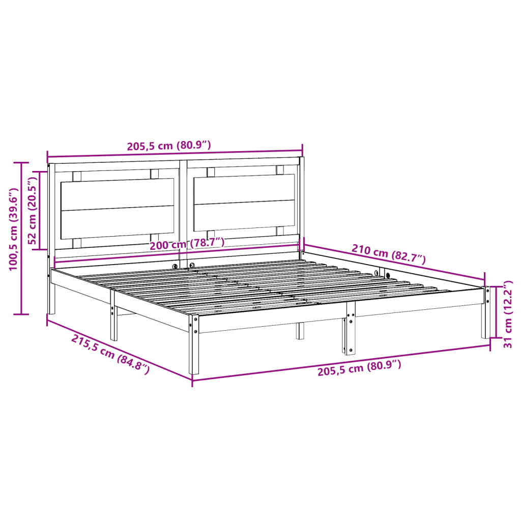 Extra Long Bed Frame without Mattress White 200x210 cm Solid Wood