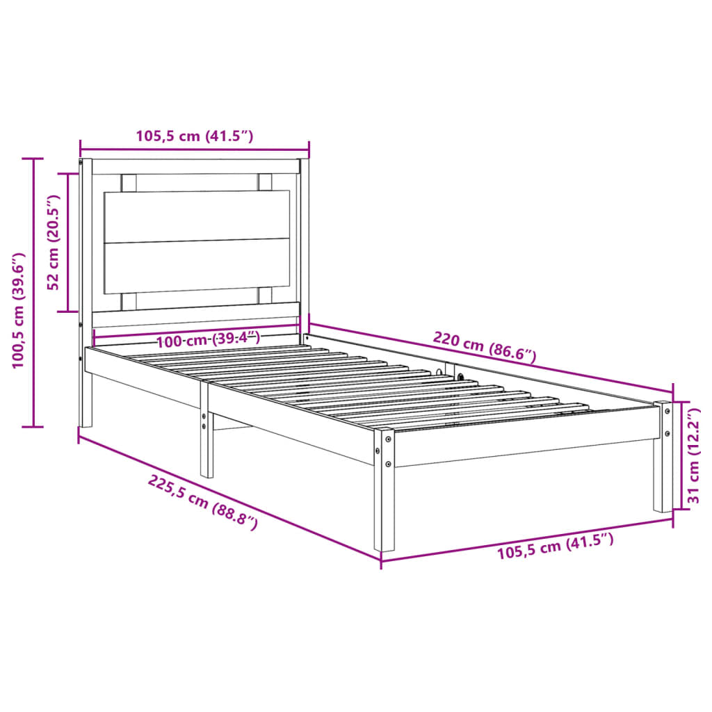 Extra Long Bed Frame without Mattress 100x220 cm Solid Wood