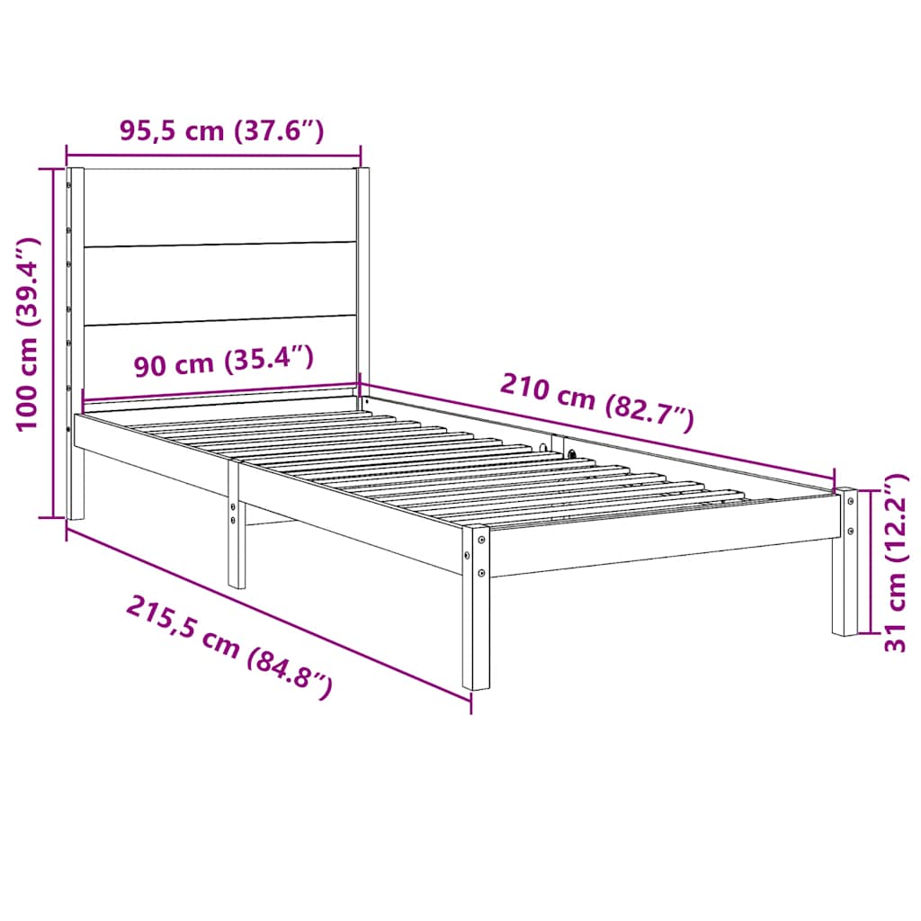 Extra Long Bed Frame without Mattress 90x210 cm Solid Wood