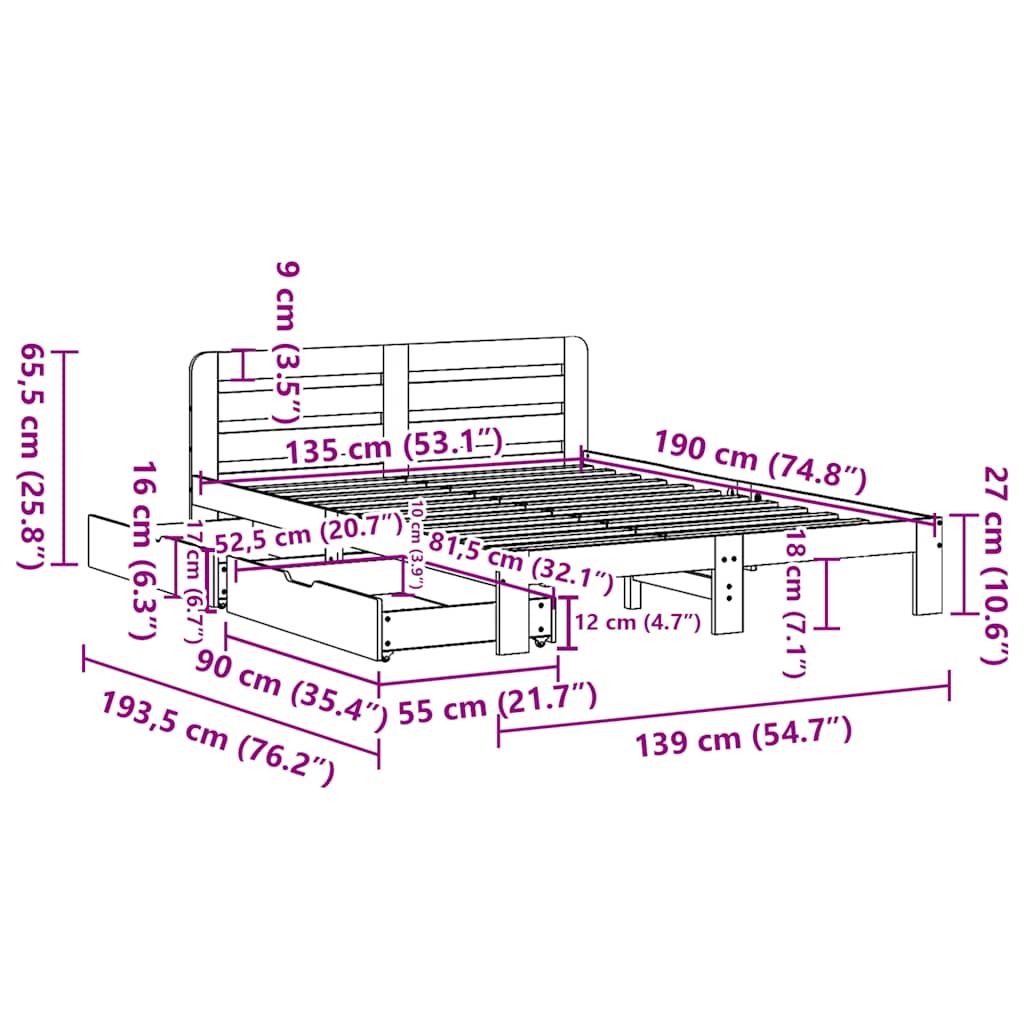 Bed Frame without Mattress 135x190 cm Double Solid Wood Pine