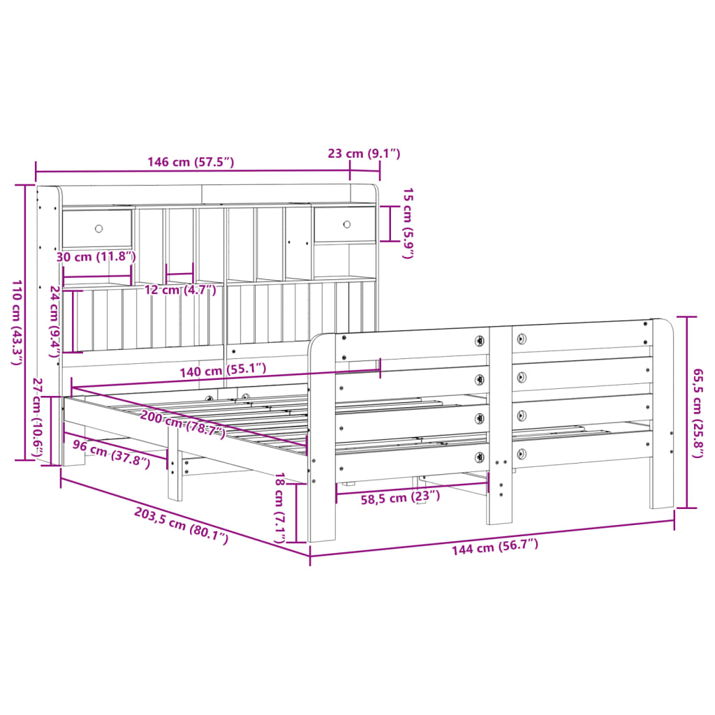 Bookcase Bed without Mattress White 140x200 cm Solid Wood Pine