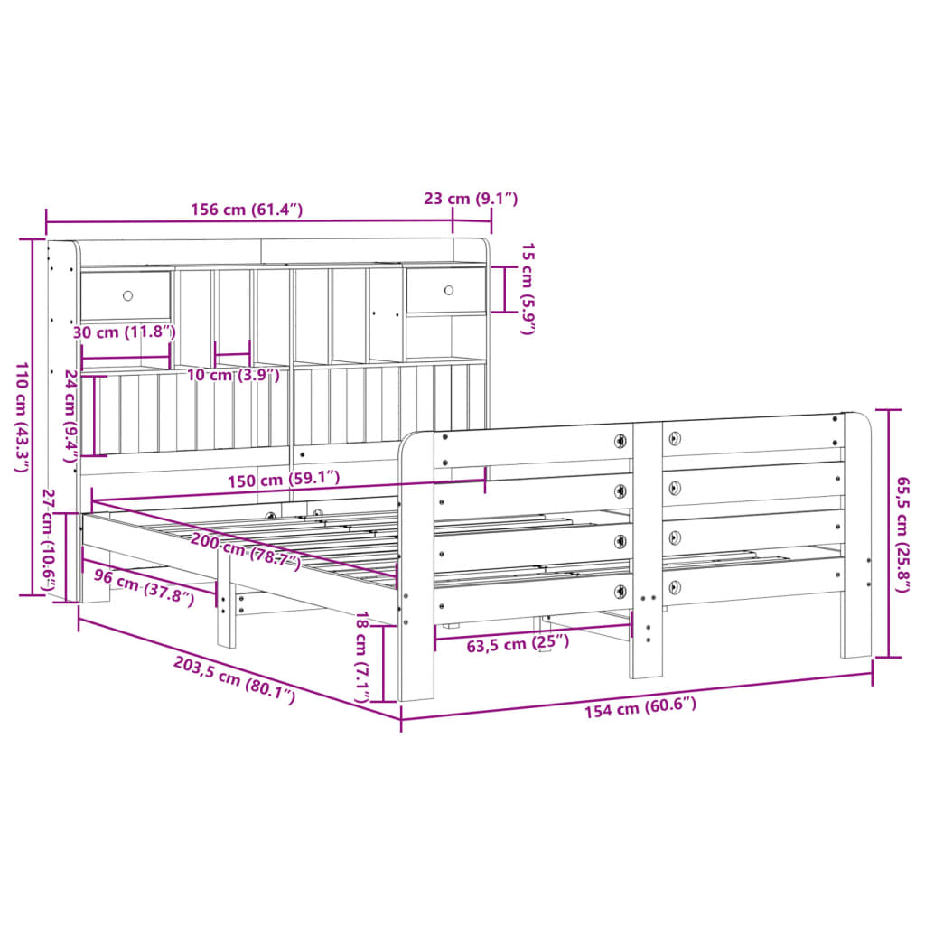 Bookcase Bed without Mattress White 150x200 cm King Size Solid Wood Pine