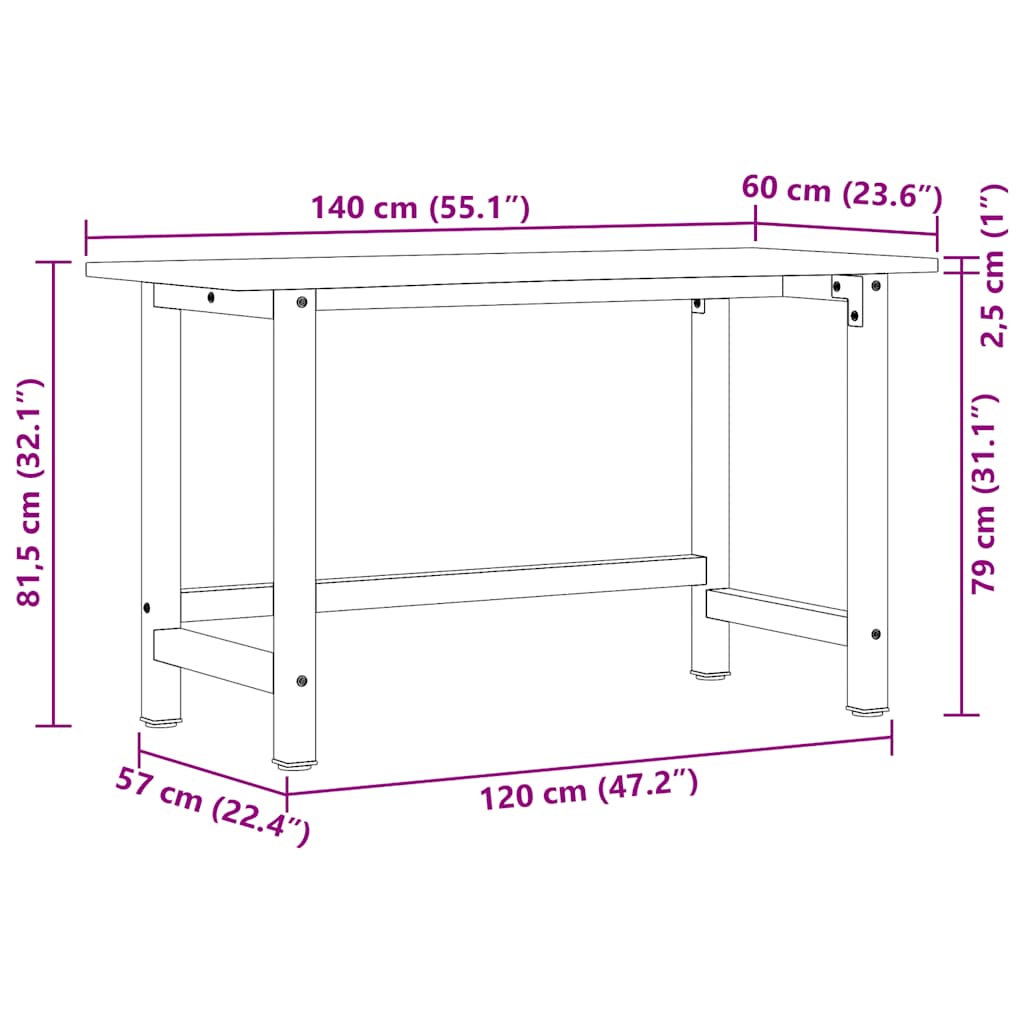 Workbench 140x60x81,5 cm Solid Wood Oak