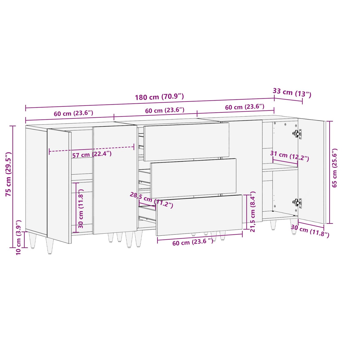 Storage Cabinets 3 pcs 180 x 33 x 75 cm Solid Mango Wood