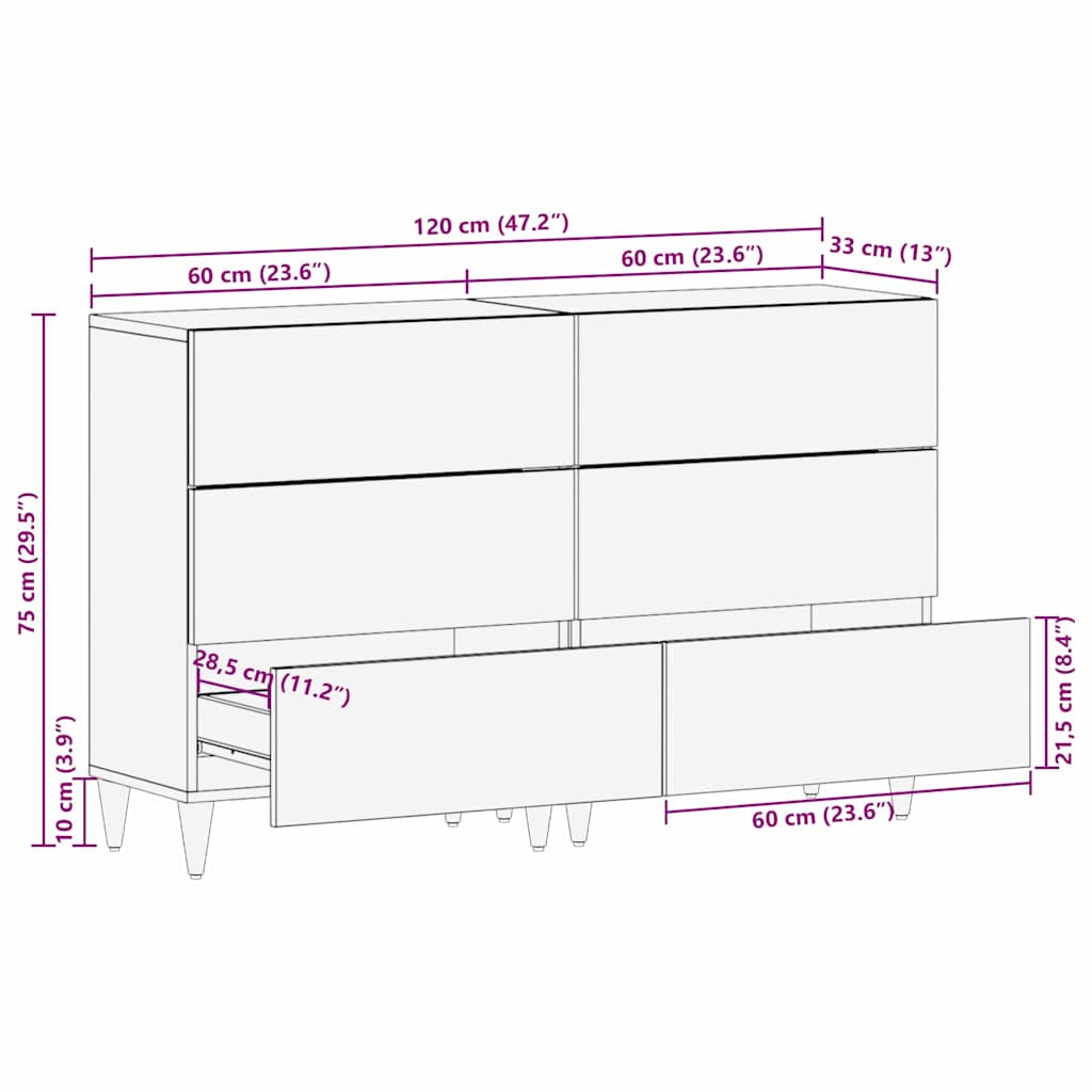 Sideboard 2 pcs Grey 60 x 33 x 75 cm Solid Mango Wood