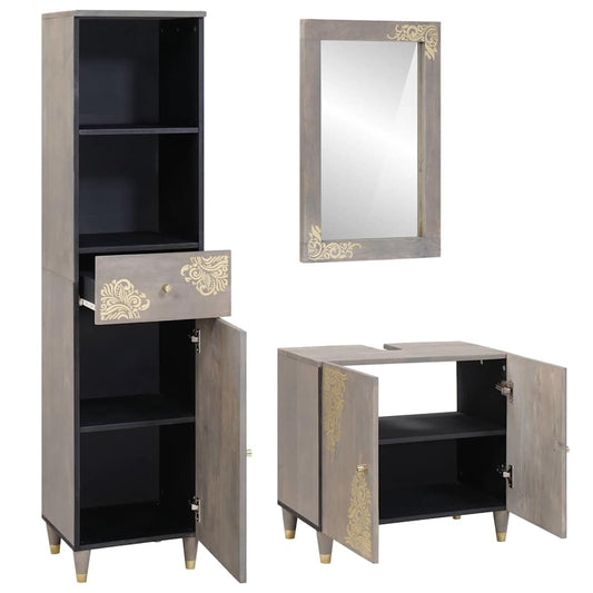 Bathroom Cabinet Set 3 pcs Grey Solid Mango Wood