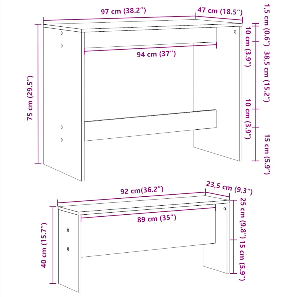3 Piece Dining Table and Bench set White Engineered Wood