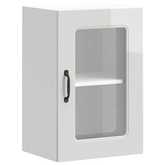 Kitchen Wall Cabinet with Glass Door Kalmar High Gloss White Engineered Wood