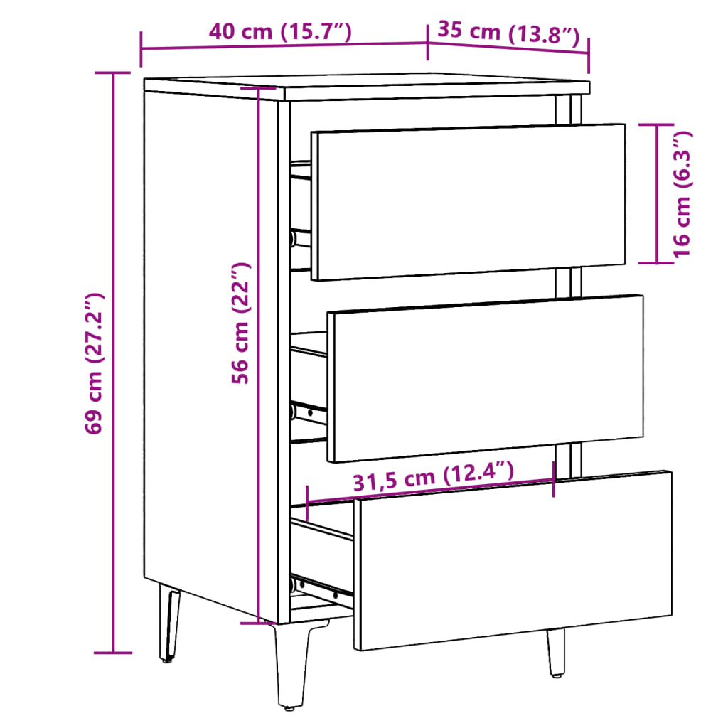 Bed Cabinet with Metal Legs Old Wood 40x35x69 cm