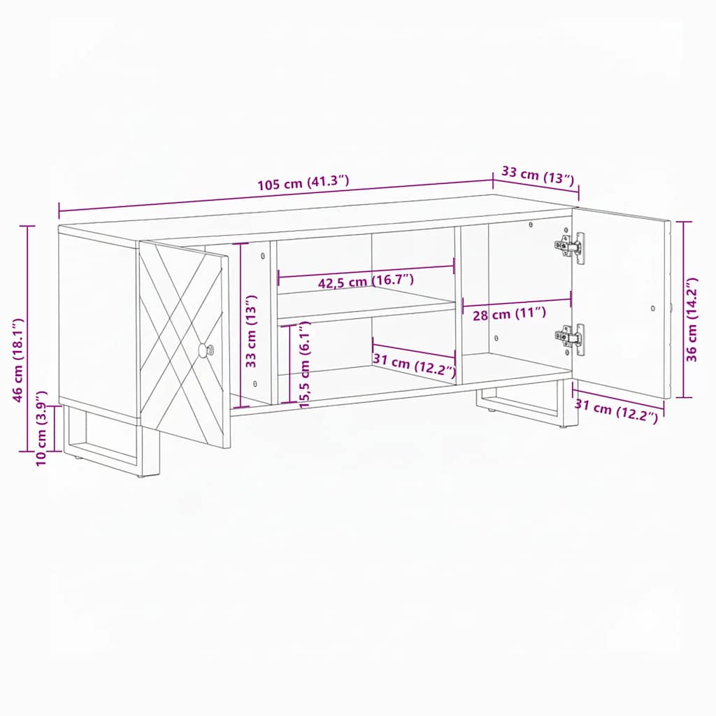 TV Cabinet Black 105x33x46 cm Solid Wood Mango