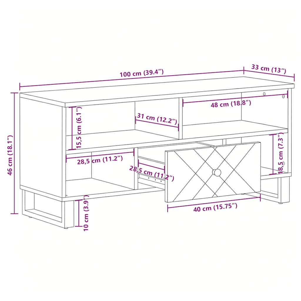 TV Cabinet Black 100x33x46 cm Solid Wood Mango