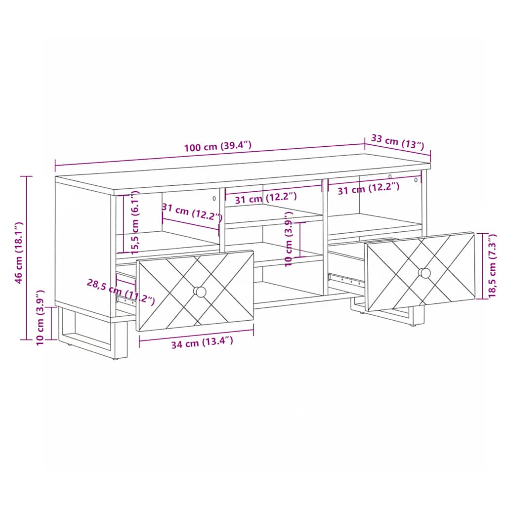 TV Cabinet Black 100x33x46 cm Solid Wood Mango