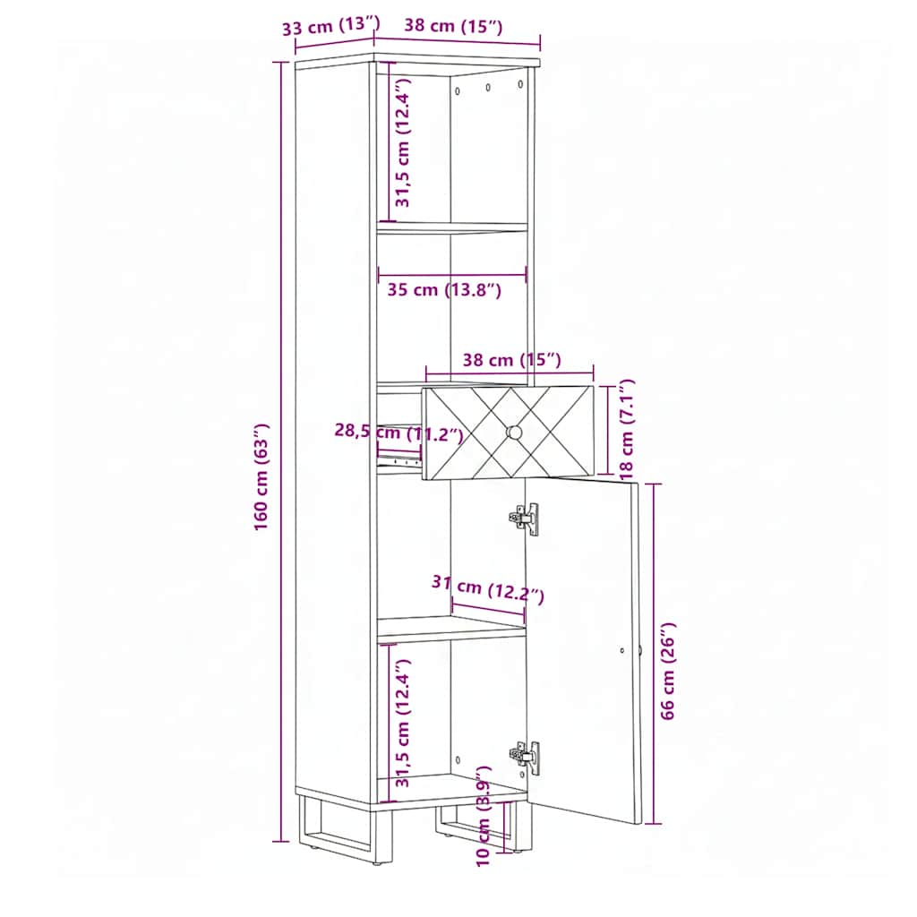 Bathroom Cabinet Black 38x33x160 cm Solid Wood Mango