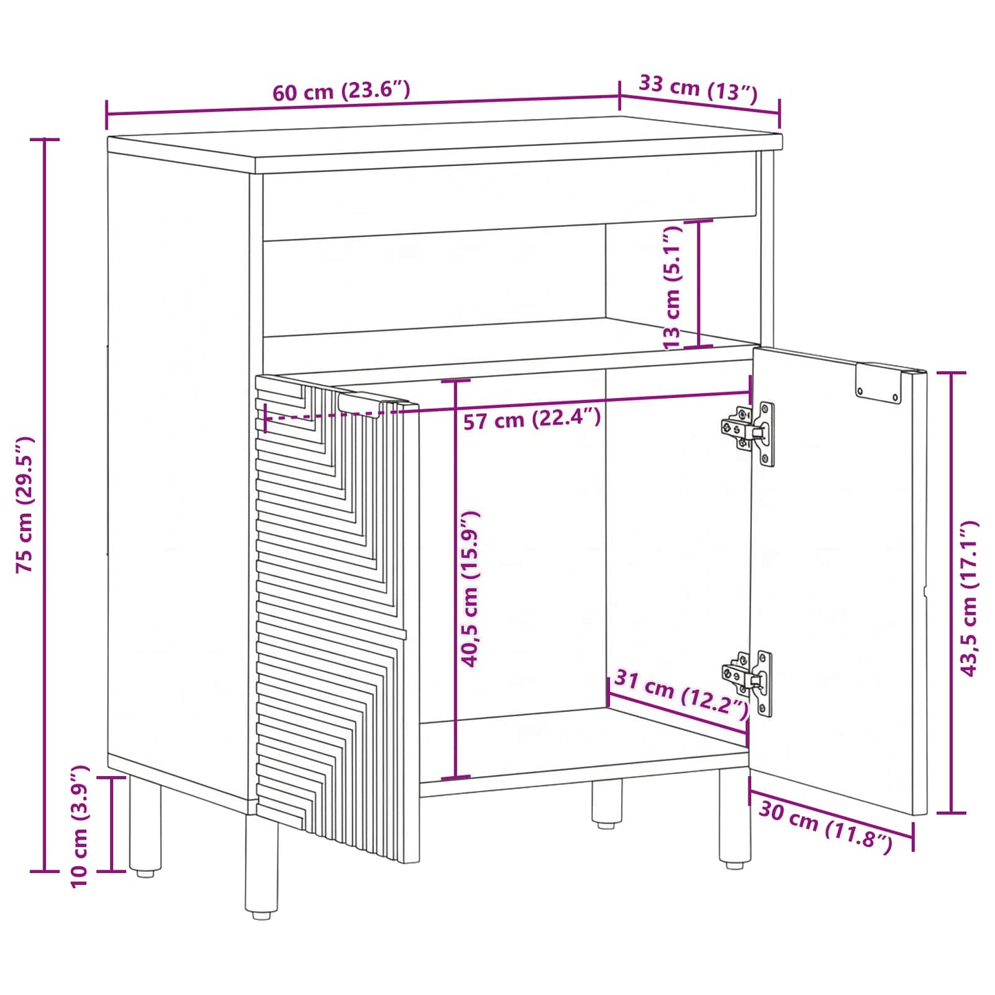 Sideboard with Shelf Brown 60 x 33 x 75 cm Solid Mango Wood