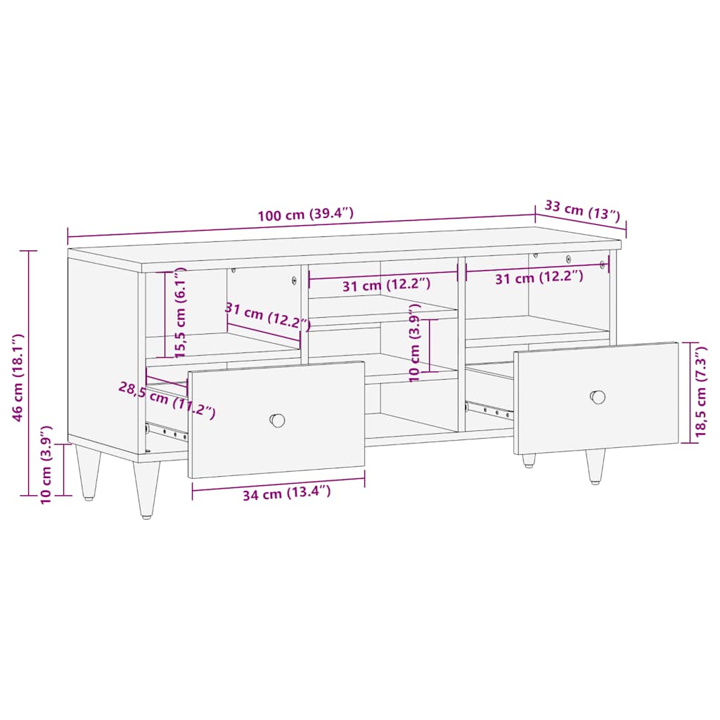 TV Cabinet Black 100x33x46 cm Solid Wood Mango
