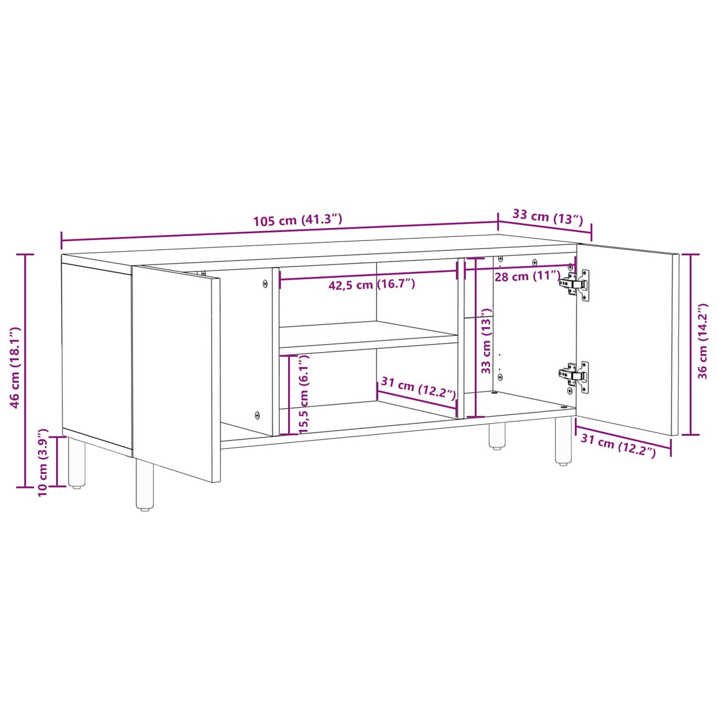 TV Cabinet White Wash Finish 105 x 33 x 46 cm Solid Mango Wood