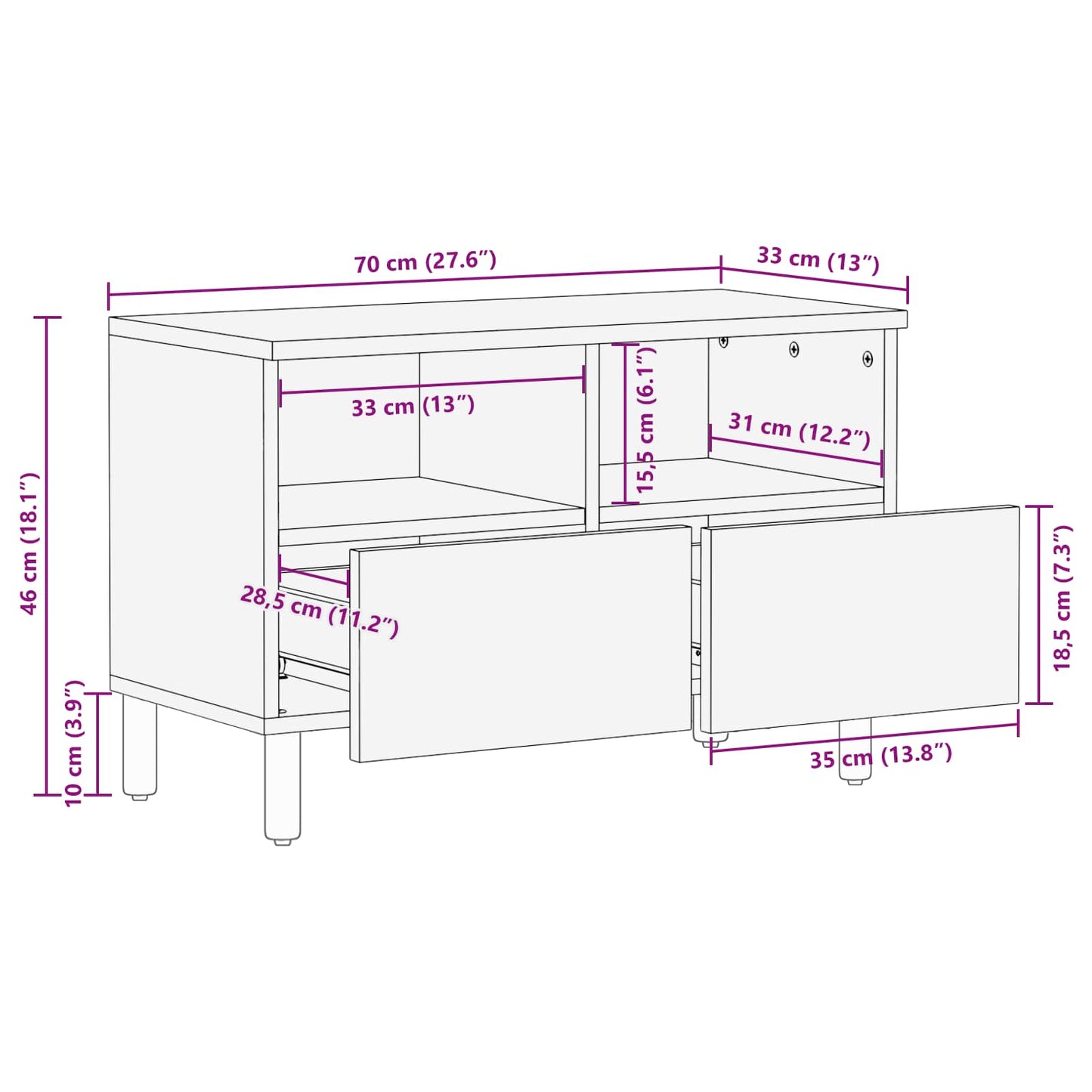 TV Cabinet White Wash Finish 70 x 33 x 46 cm Solid Mango Wood