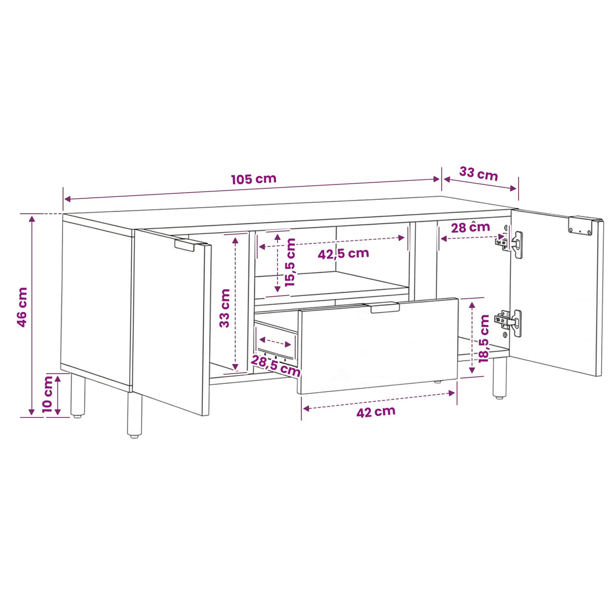 TV Cabinet White Wash Finish 105 x 33 x 46 cm Solid Mango Wood