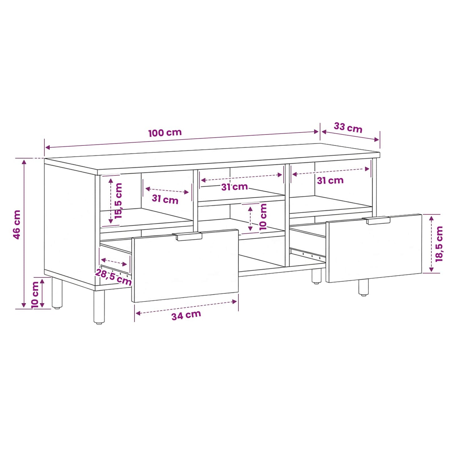 TV Cabinet White Wash Finish 100 x 33 x 46 cm Solid Mango Wood