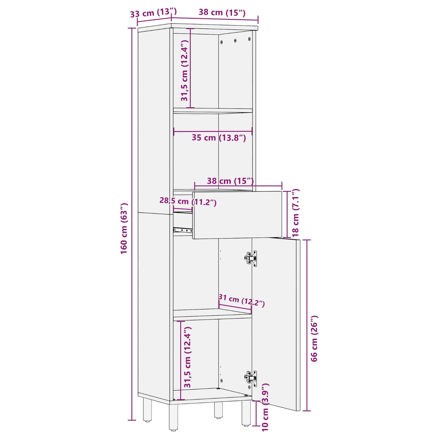 Bathroom Cabinet with Shelf Black and White 38 x 33 x 160 cm