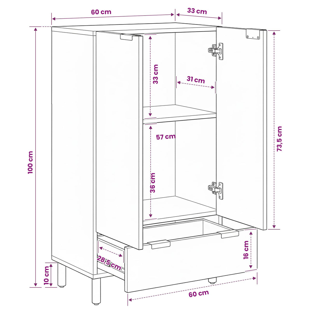 Highboard White Wash Finish 60 x 33 x 100 cm Solid Mango Wood