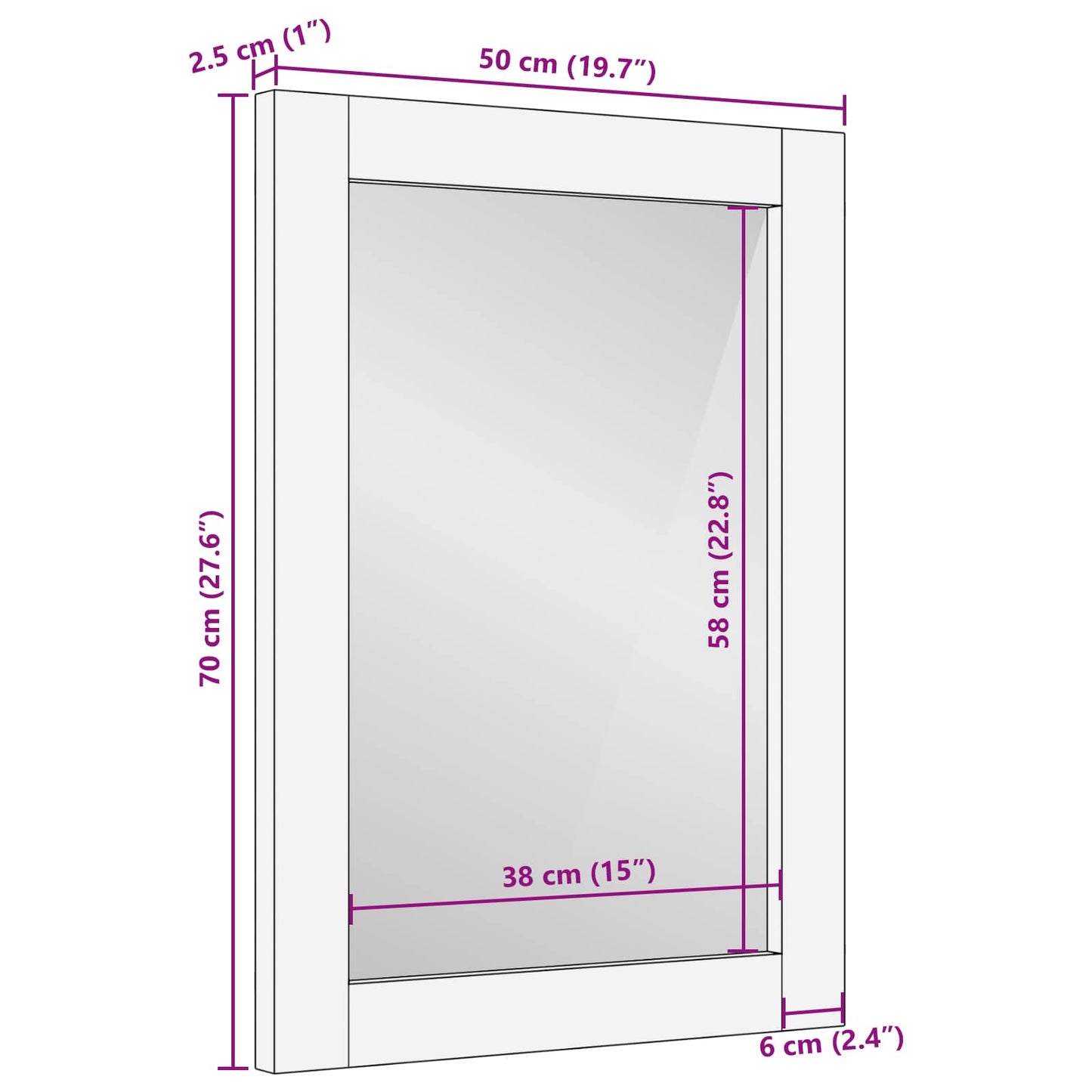 Bathroom Mirror with Mirror White Wash Finish 50 x 70 x 2.5 cm
