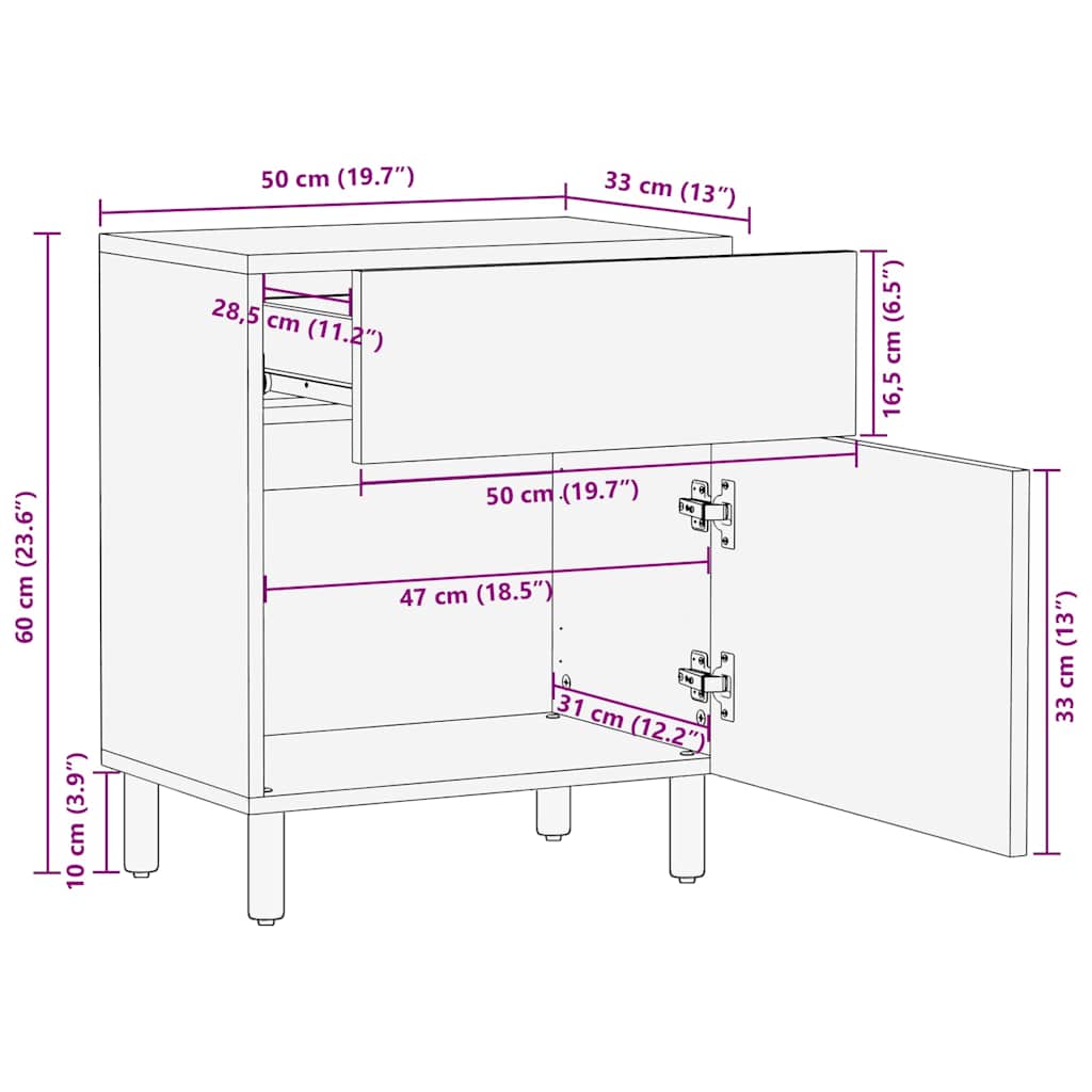 Bedside Cabinet Brown 50 x 33 x 60 cm Solid Mango Wood