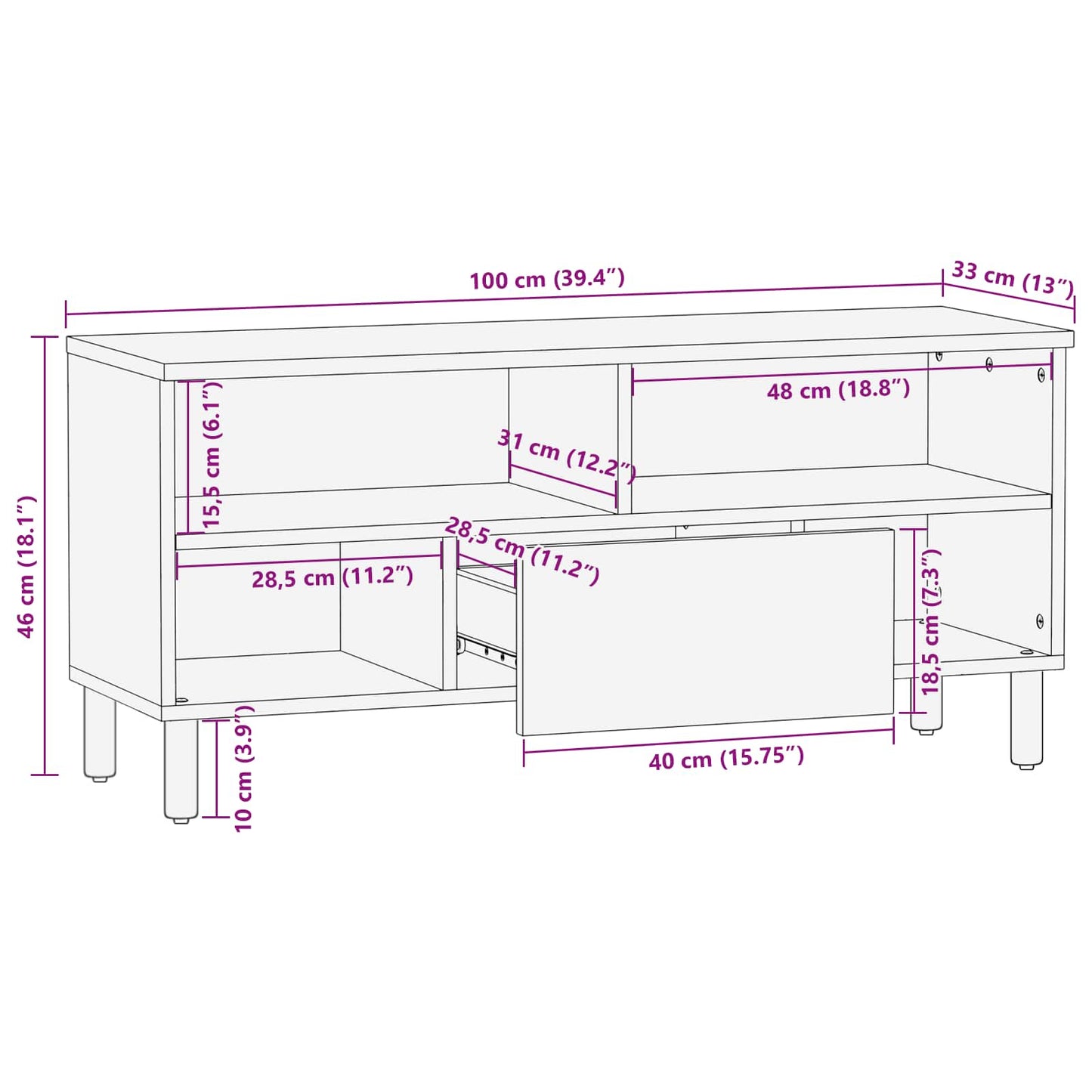 TV Cabinet with Drawer Acacia Brown Finish 100 x 33 x 46 cm