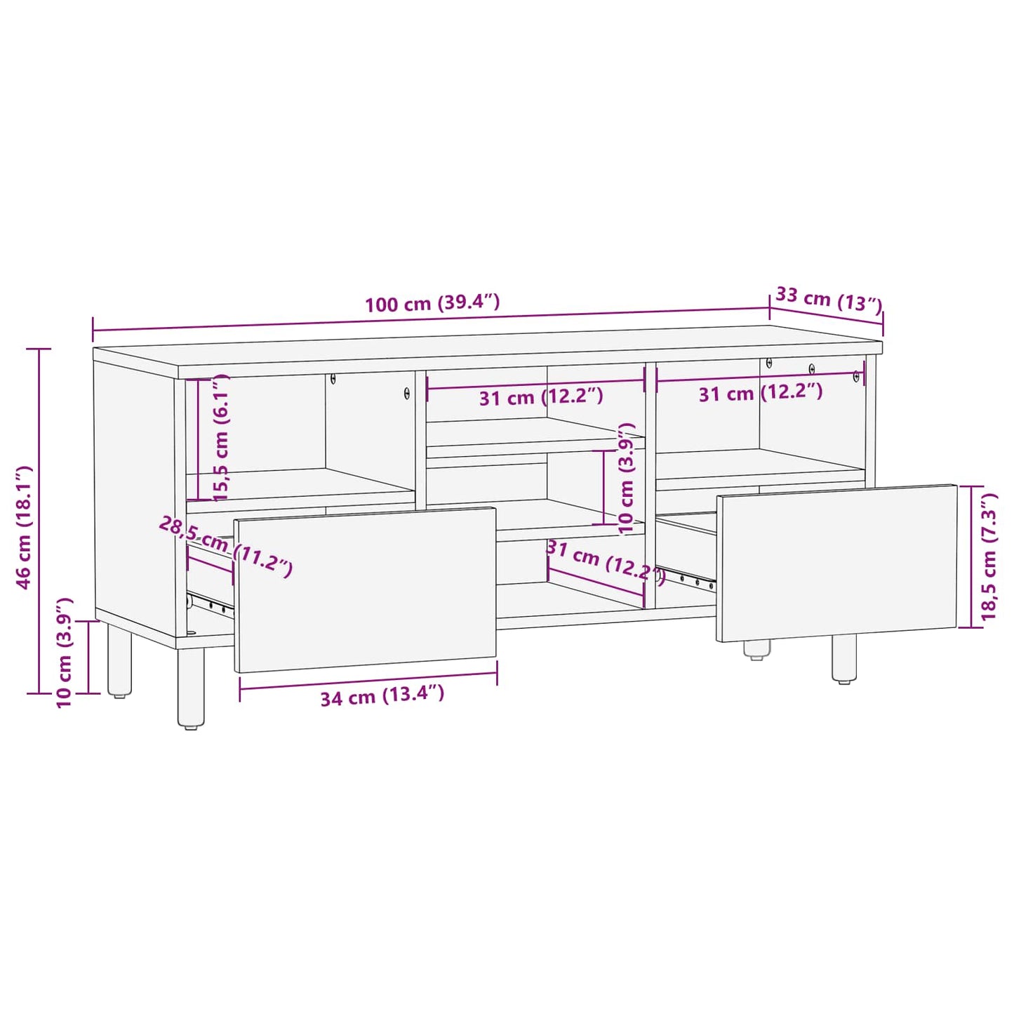 TV Cabinet with Drawer Acacia Brown Finish 100 x 33 x 46 cm