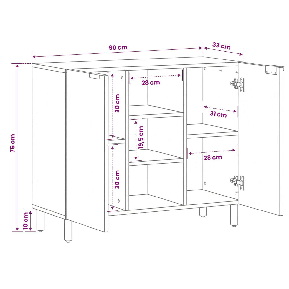 Sideboard Acacia Brown Finish 90 x 33 x 75 cm Solid Mango Wood