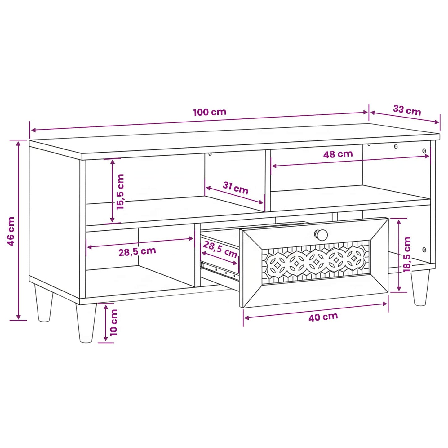 TV Cabinet Bleached White 100 x 33 x 46 cm Solid Mango Wood