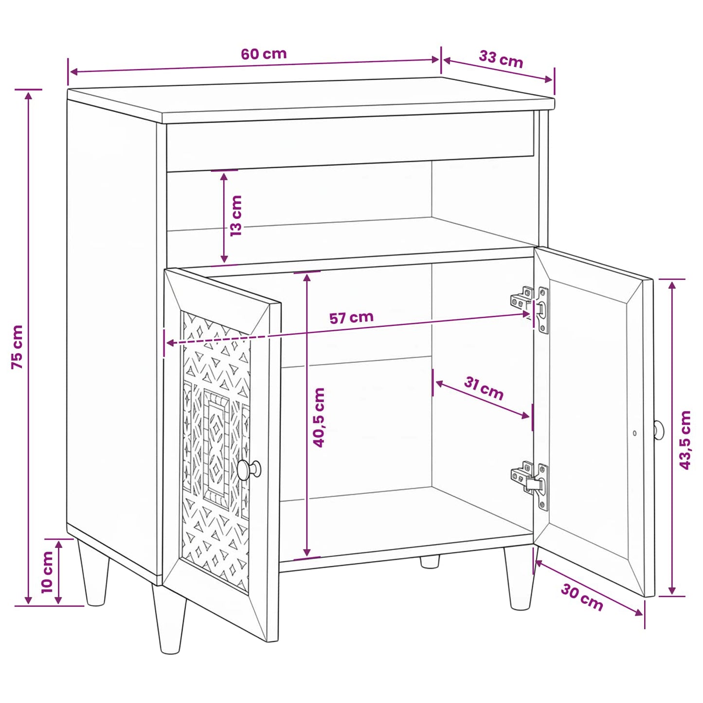 Sideboard Bleached White 60 x 33 x 75 cm Solid Mango Wood